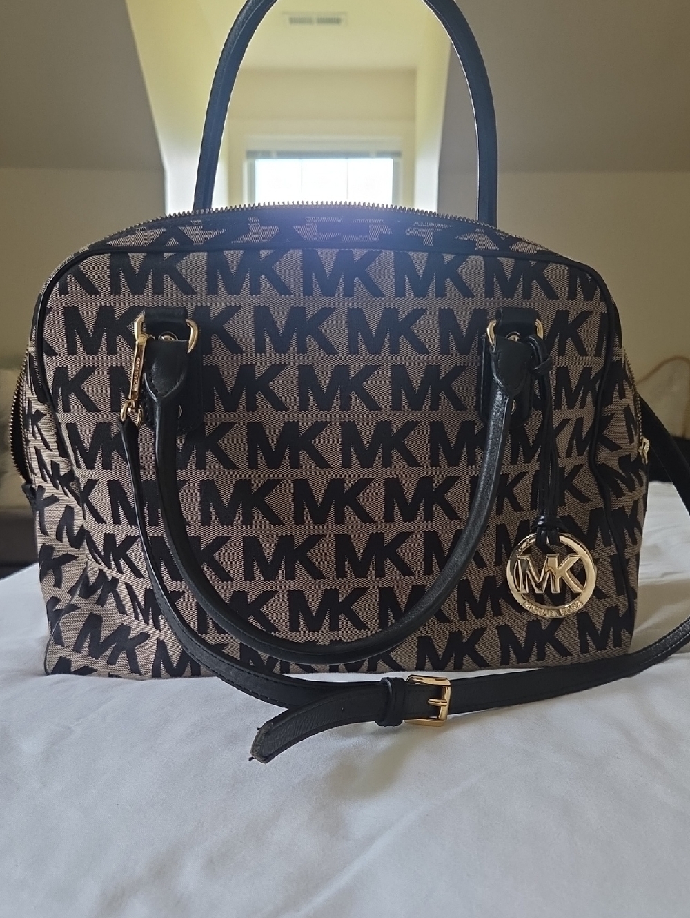 Michael Kors Brown and Black MK Logo Dome Satchel with Gold Hardware